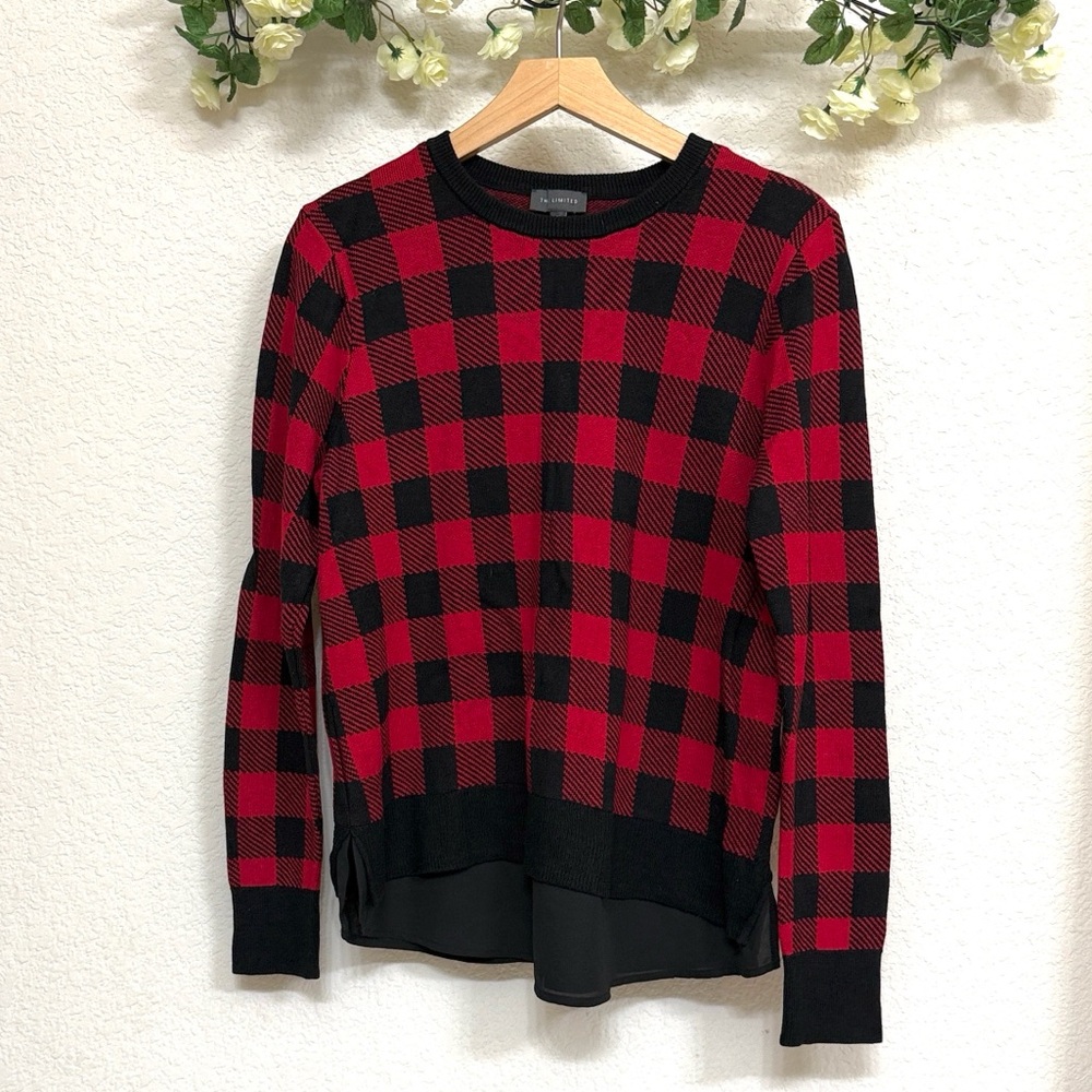The Limited • Red Black Buffalo Plaid Layered Hem Crewneck Sweater